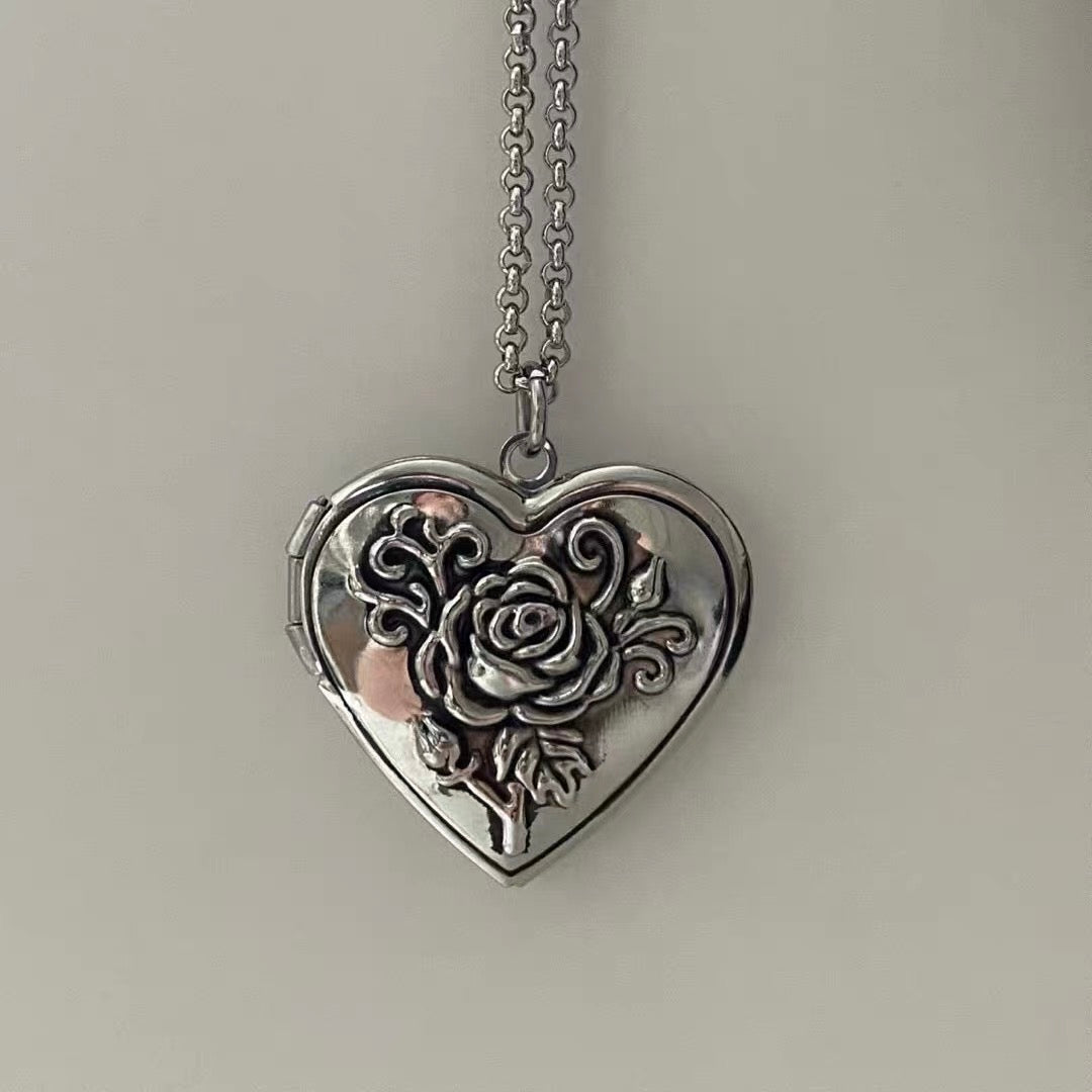 Rose Heart Silver Locket Necklace