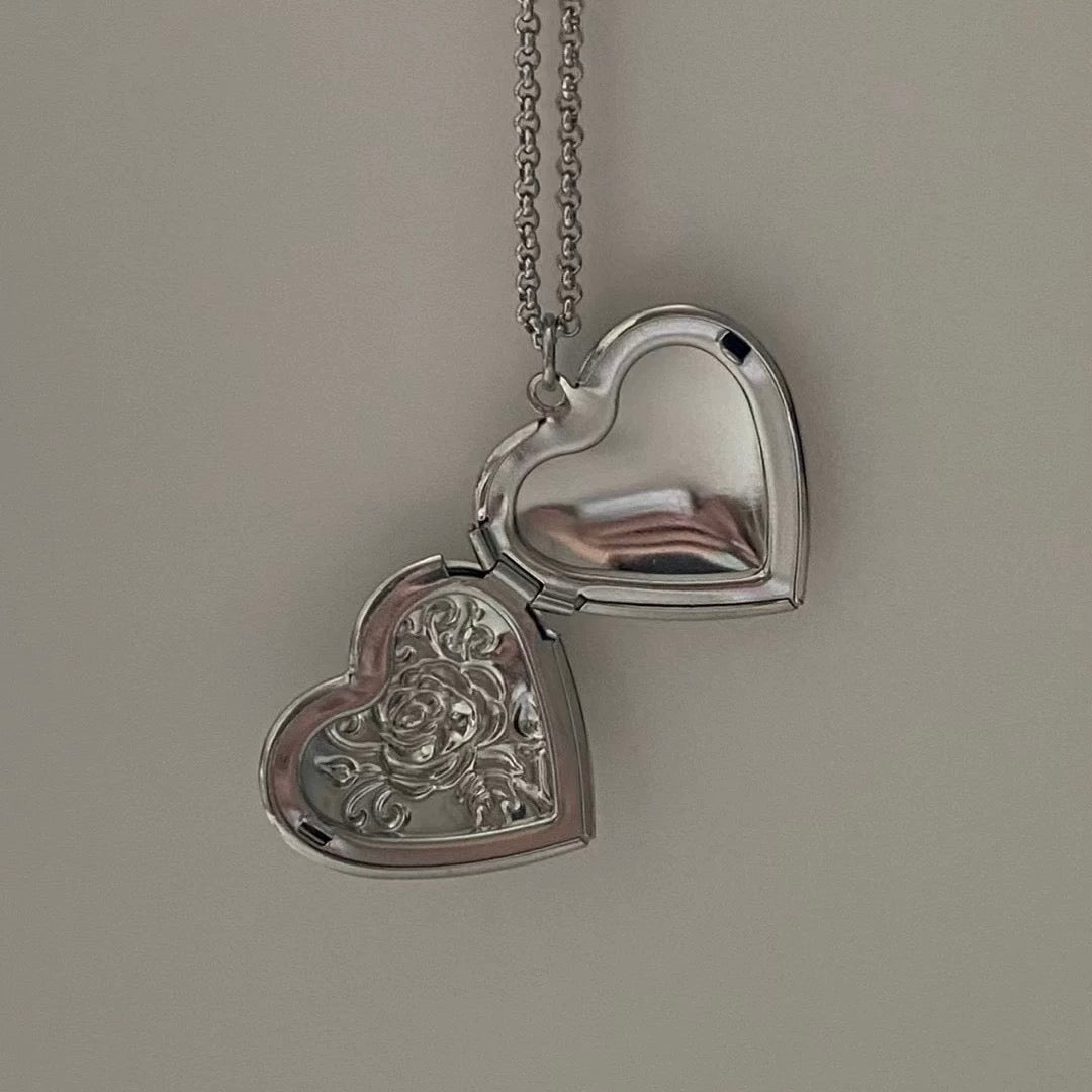 Rose Heart Silver Locket Necklace