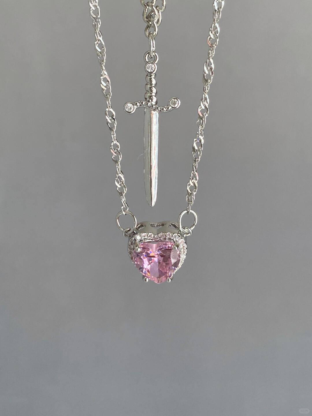 Pink Heart & Sword Necklace