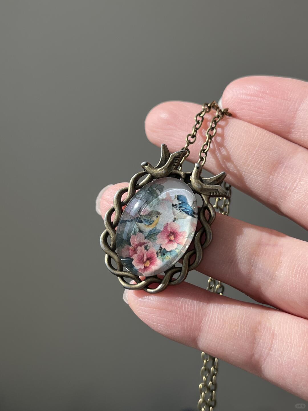 Bronze Pink Floral Bird Necklace