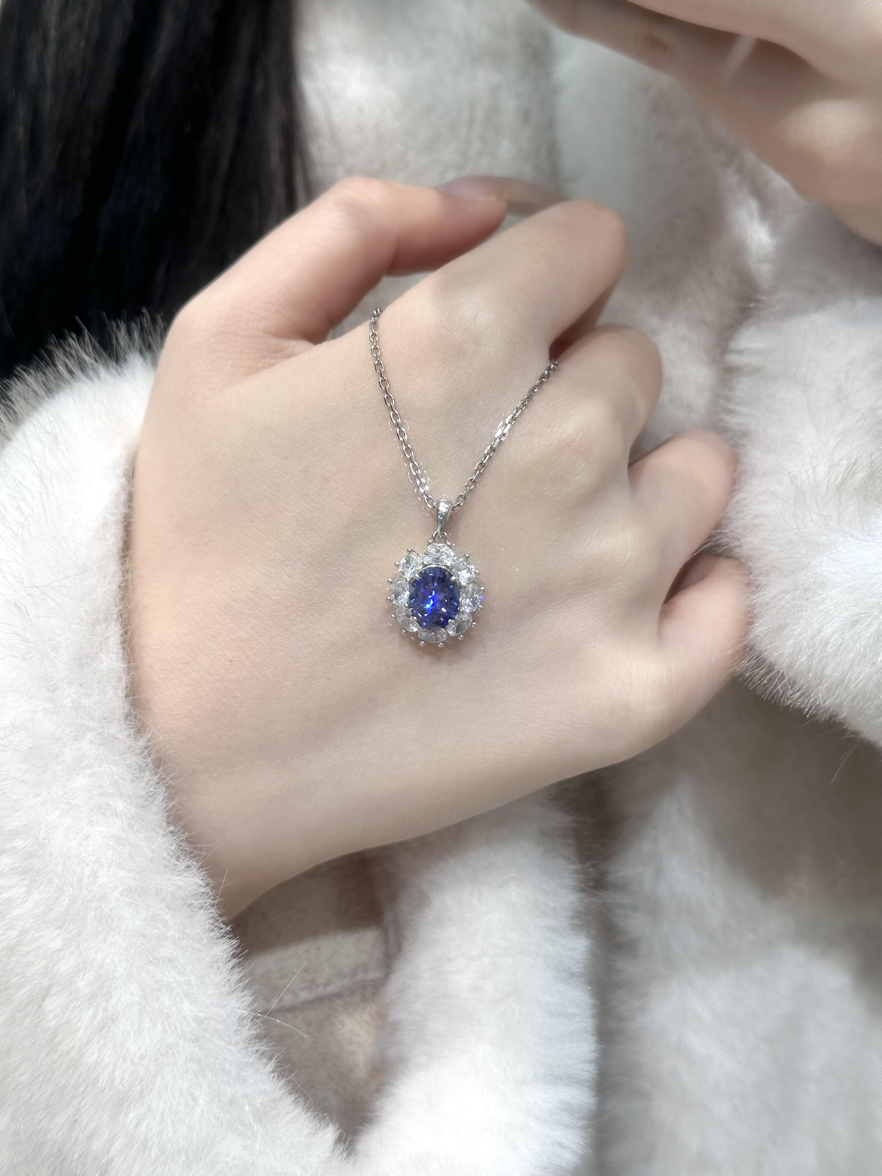 Blue Royal Oval Halo Necklace