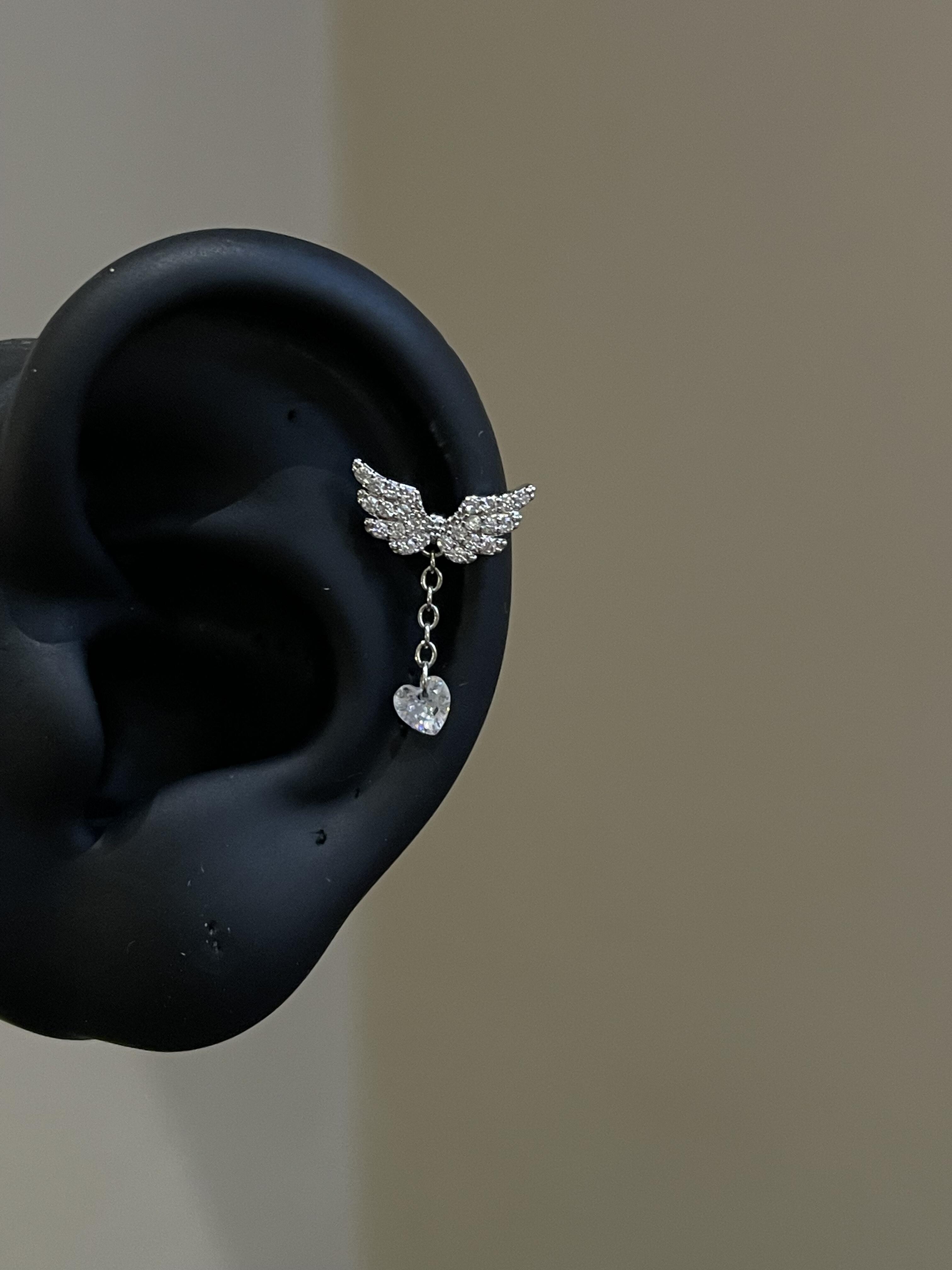 Silver Crystal Heart Wing Earrings