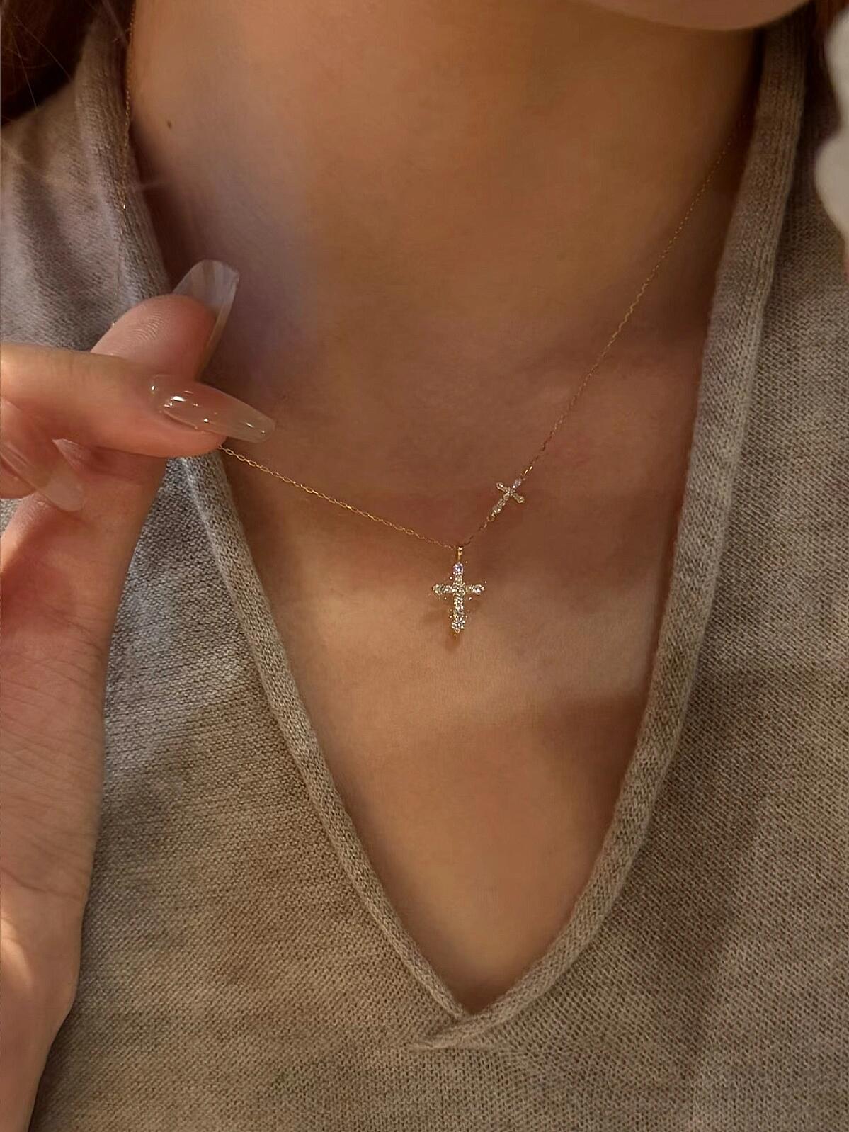 Gold Double Cross Dainty Necklace