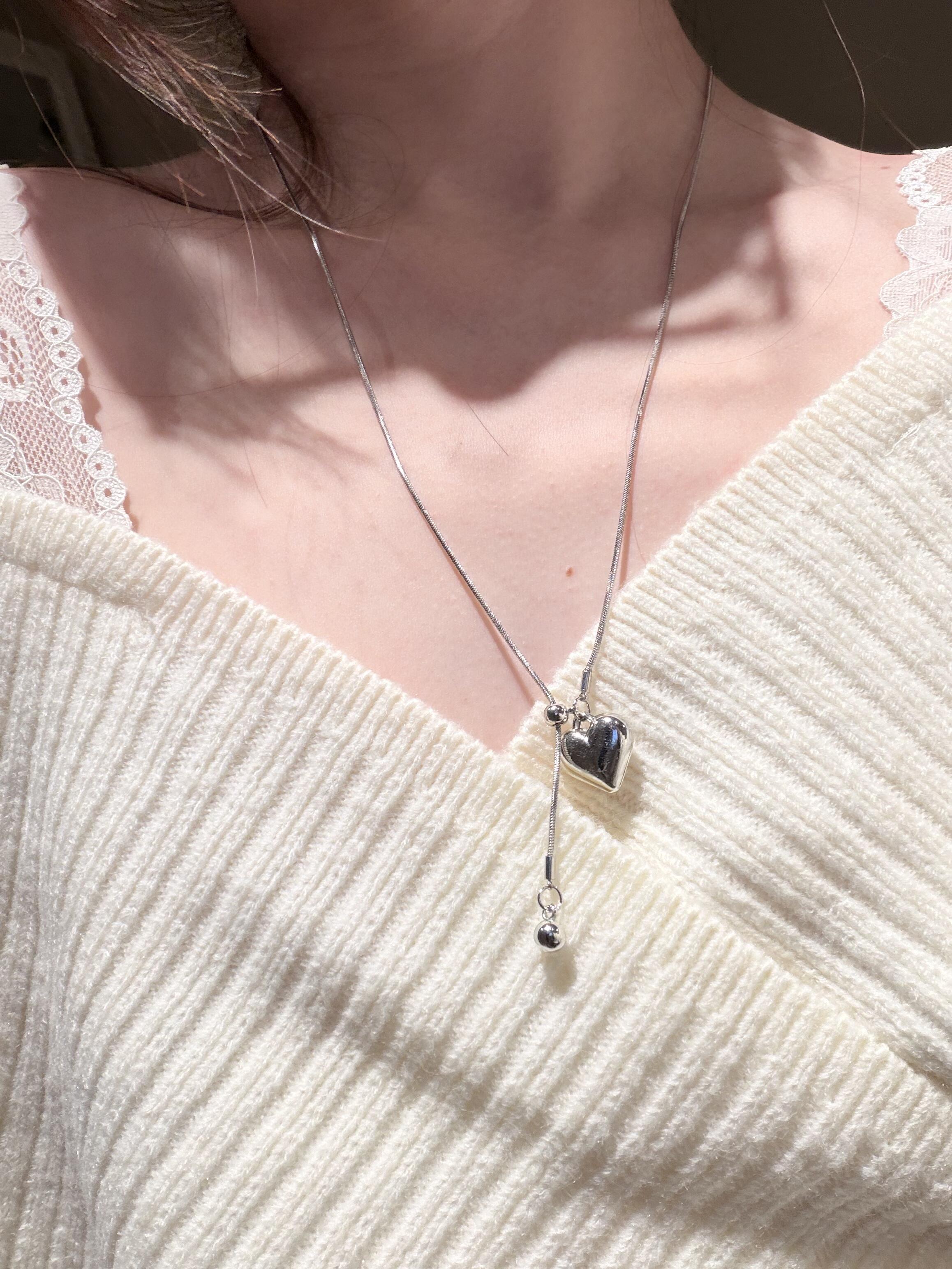 Silver Puffy Heart Lariat Necklace