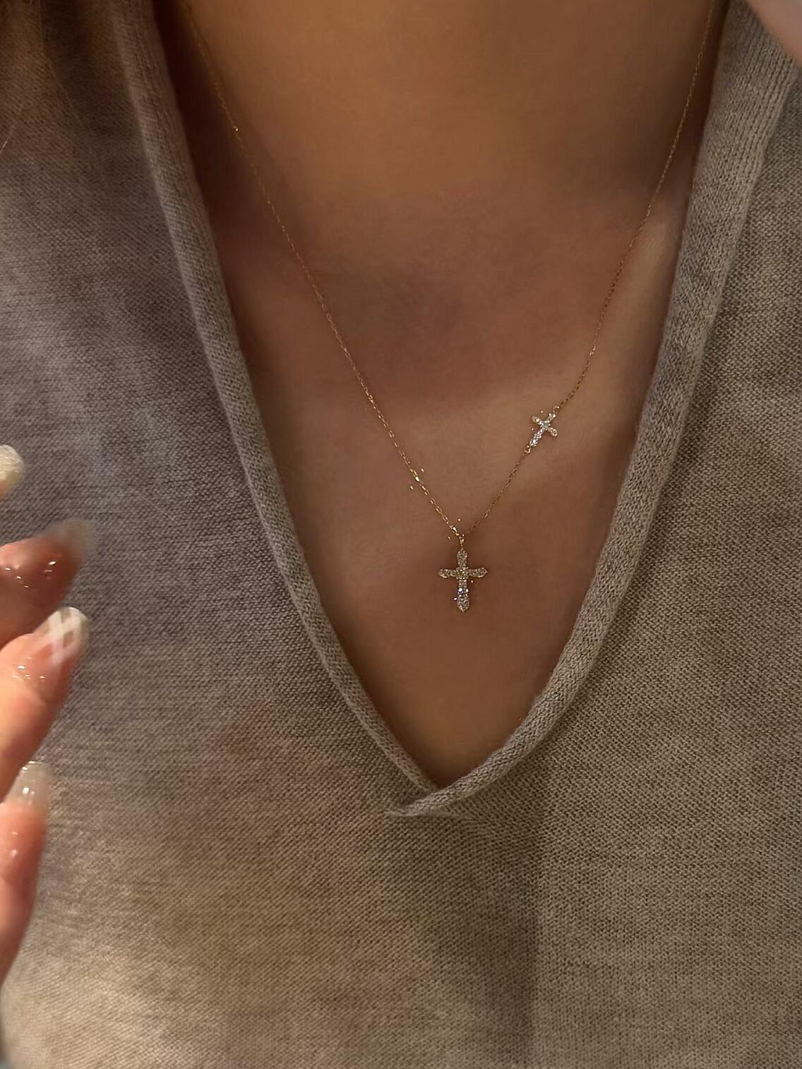 Gold Double Cross Dainty Necklace