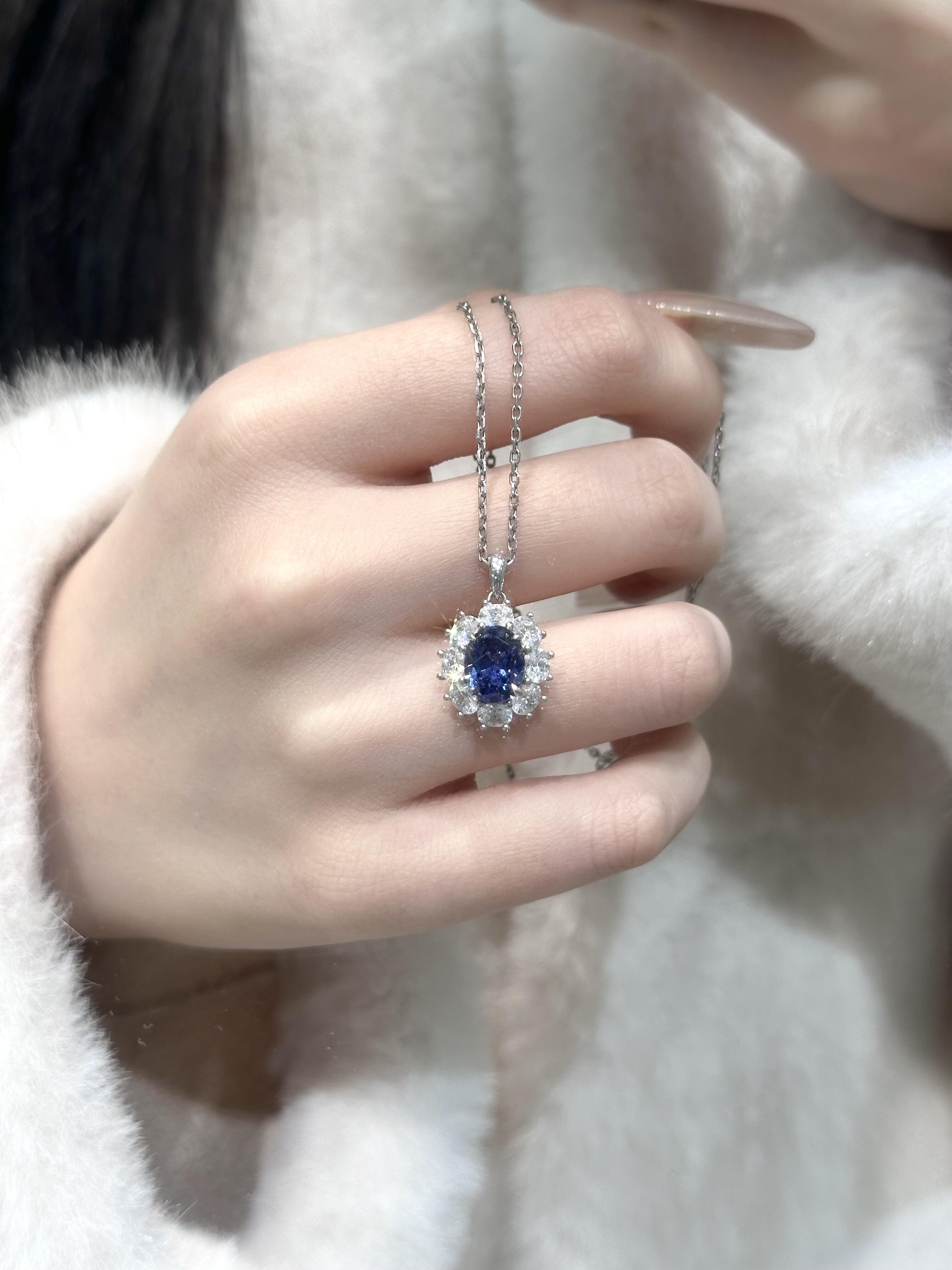 Blue Royal Oval Halo Necklace
