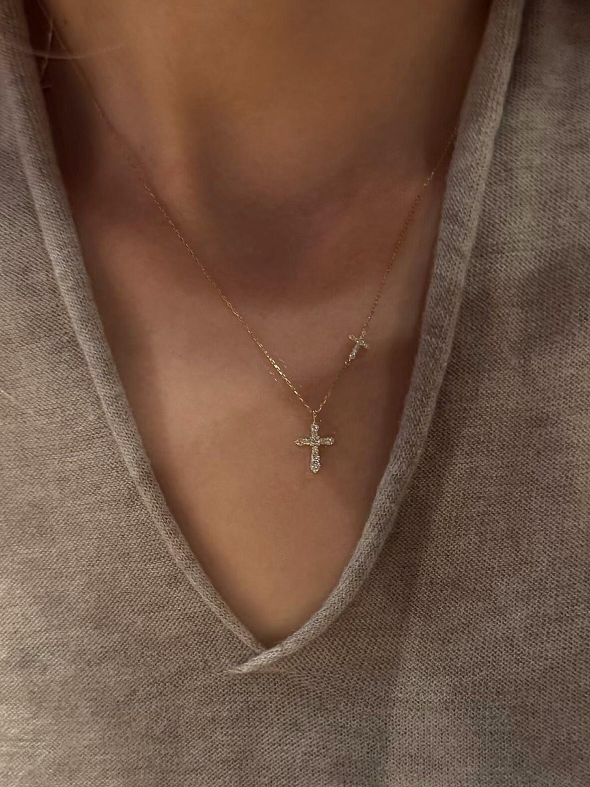 Gold Double Cross Dainty Necklace