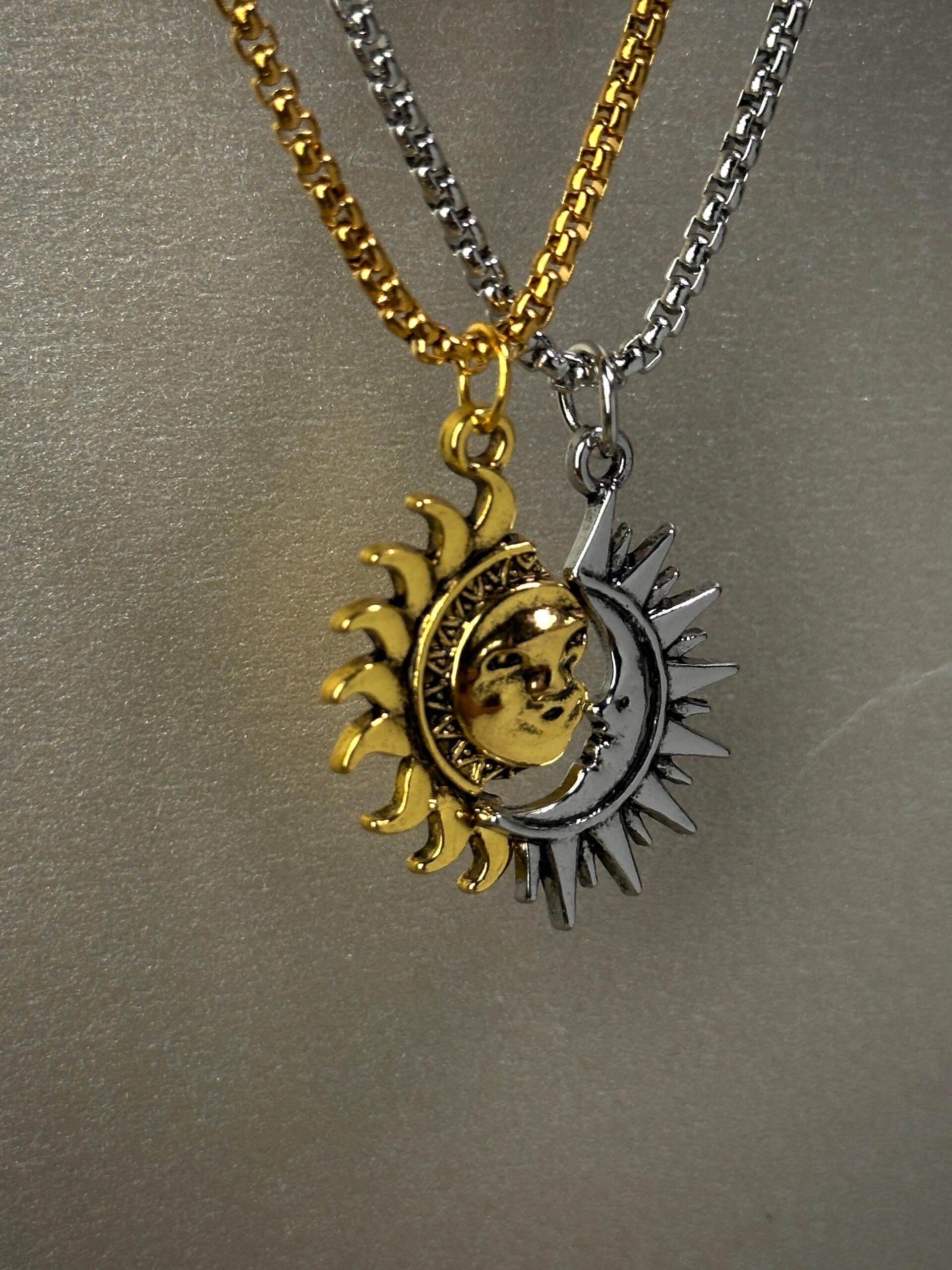 Detailed Sun and Moon Matching Necklace