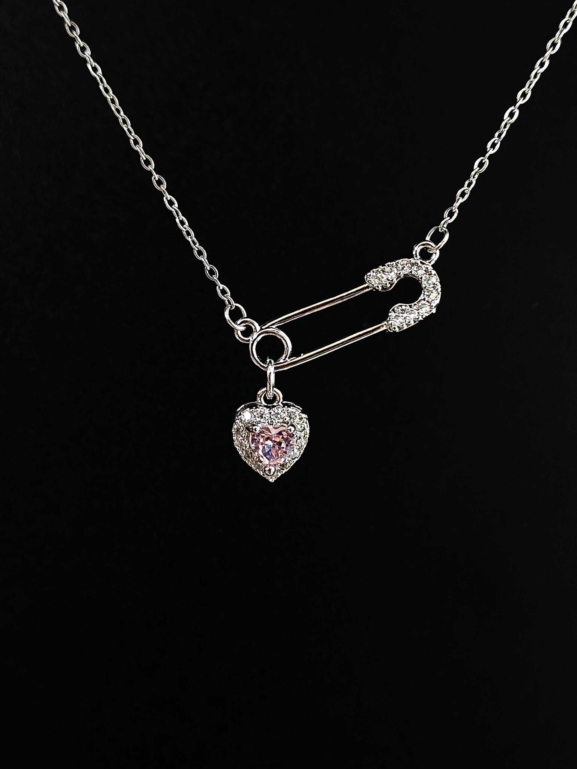 Pink Rosé Safety Pin Necklace