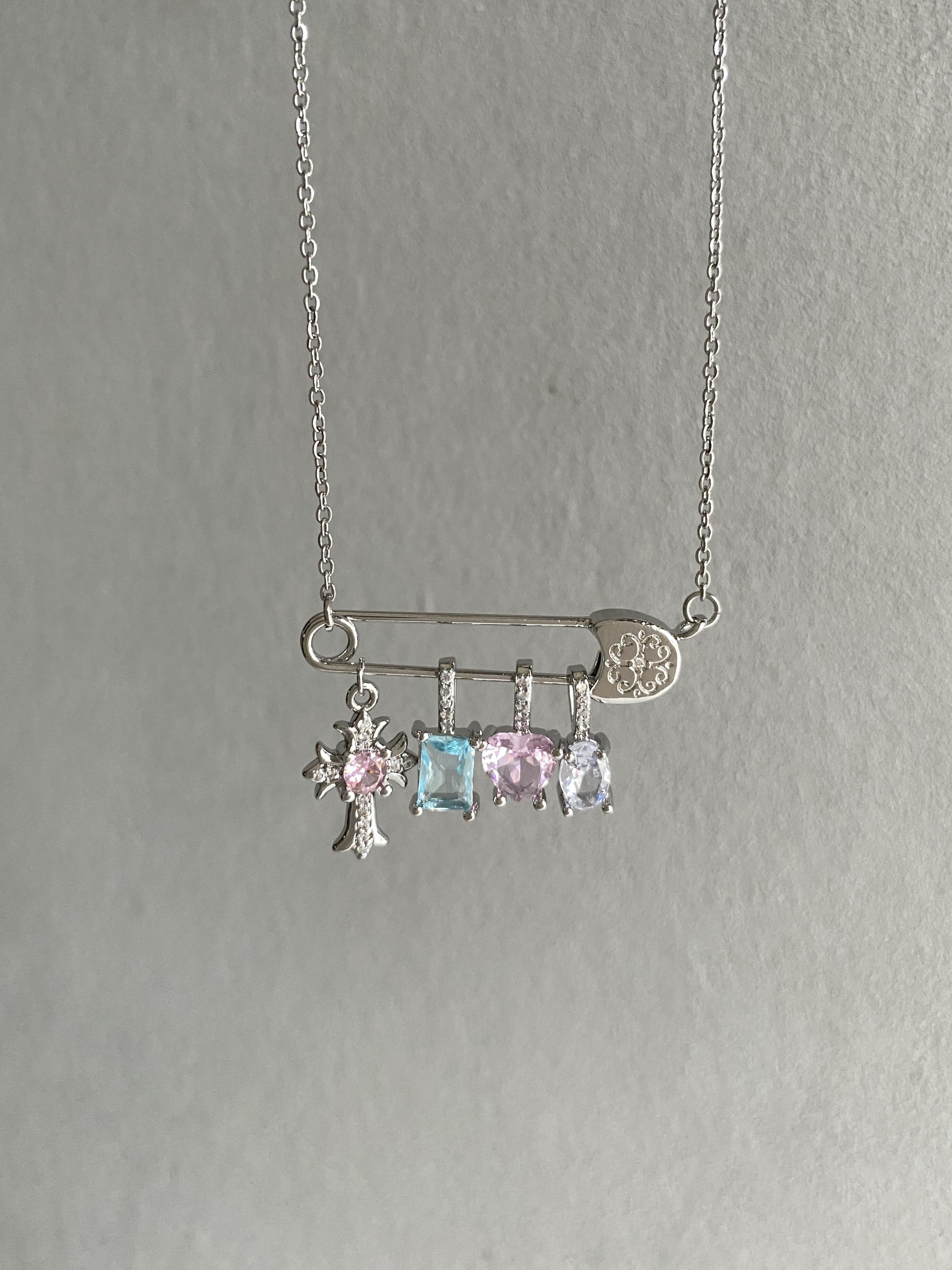Silver Safety Pin Multi-Charm Necklace