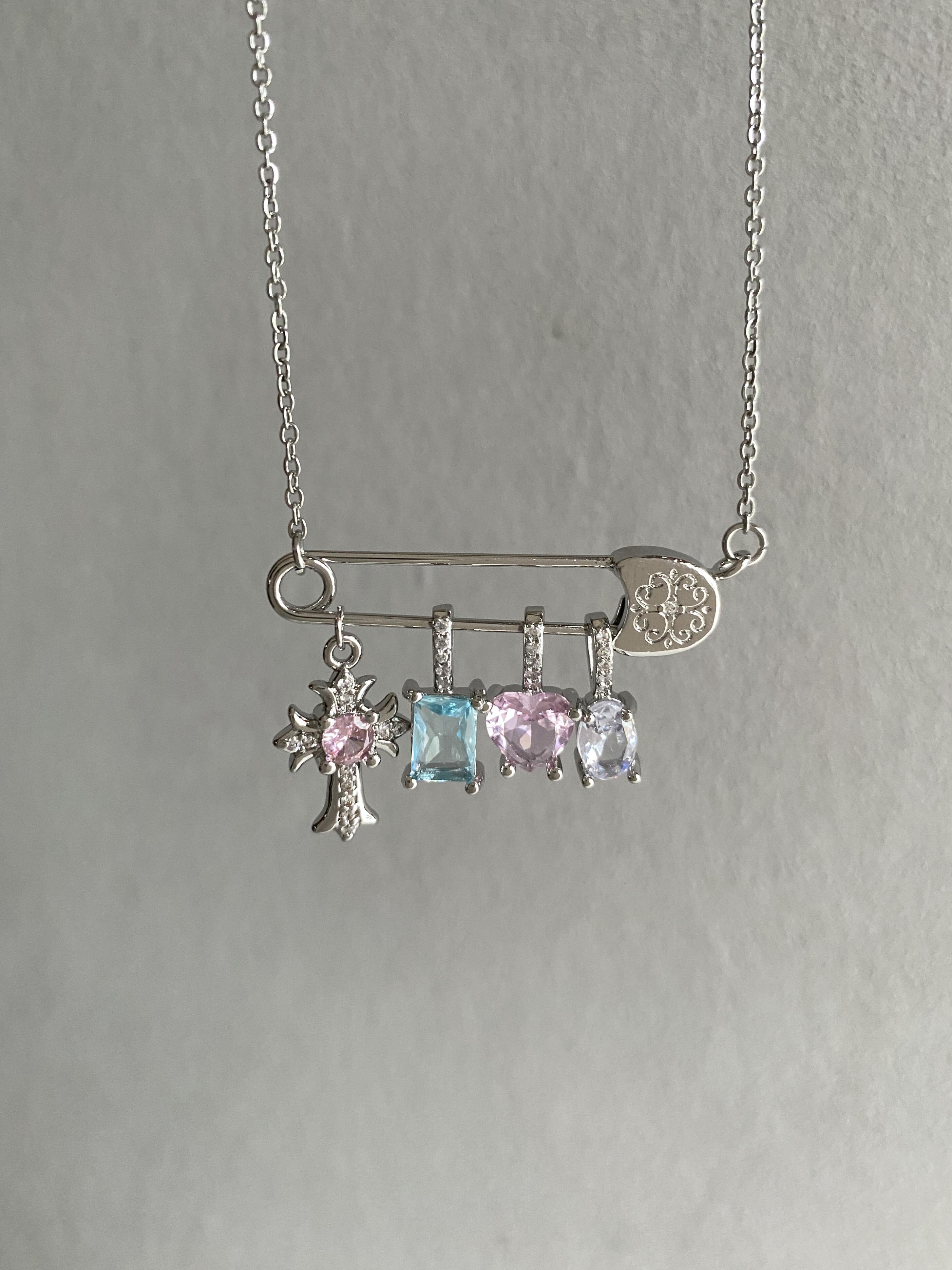 Silver Safety Pin Multi-Charm Necklace