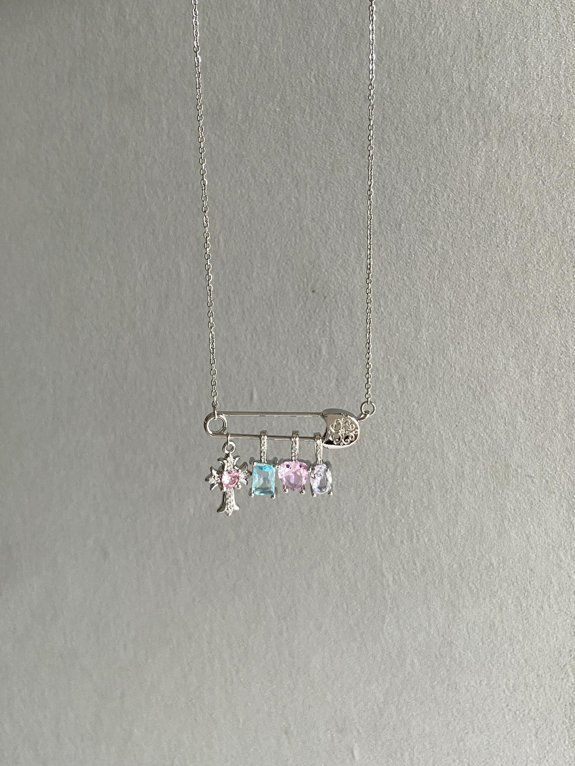 Silver Safety Pin Multi-Charm Necklace