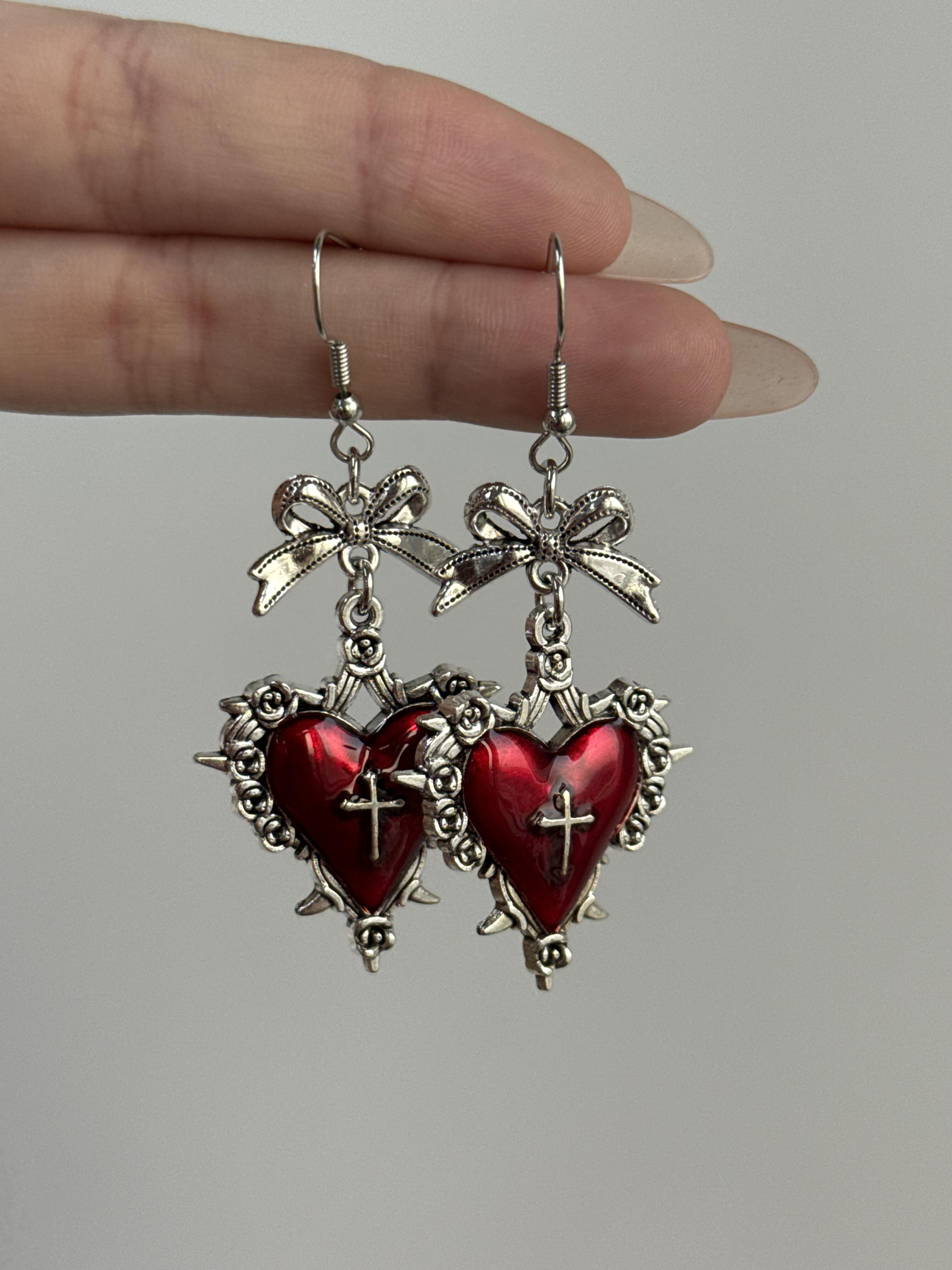 Red Sacred Cross Dangle Earrings
