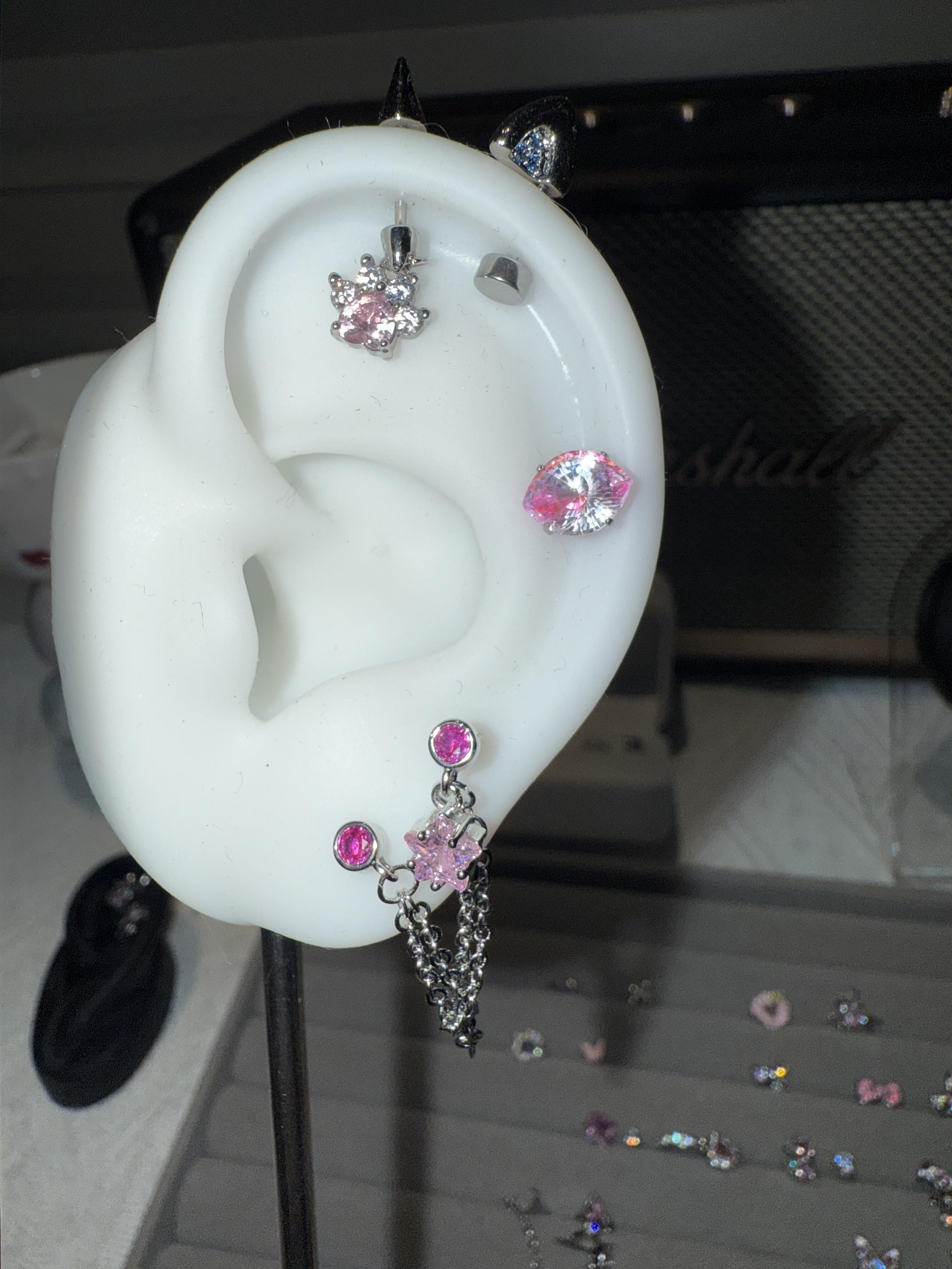 Pink Silver Celestial Chain Earring Stack